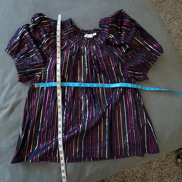 ROLLER RABBIT Navy Sz L Rainbow Lurex Ainsley Multicolor Top puff sleeves - Picture 6 of 8